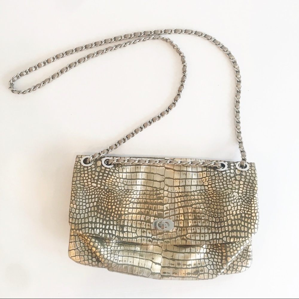 Elie Tahari Cross Body Reptile Bag Metallic Adjustable Chain Gold